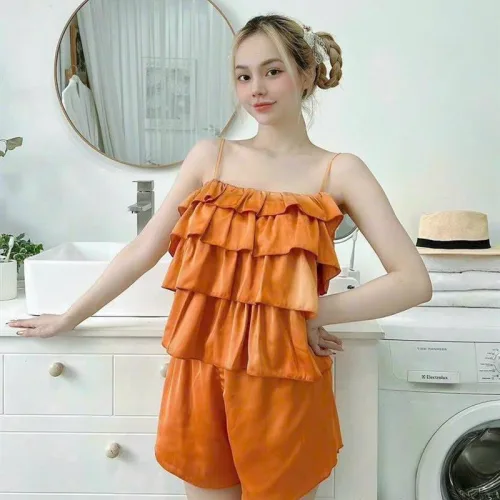 Đồ bộ quần đùi áo dây 3 tầng màu trơn