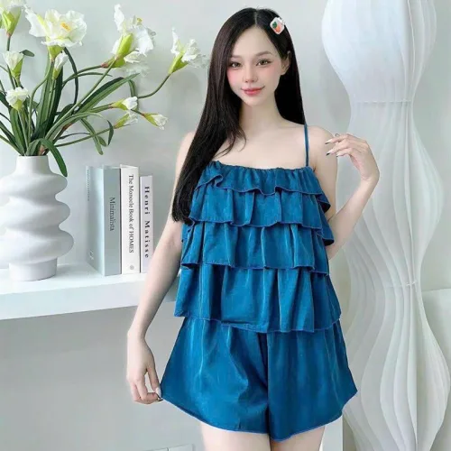 Đồ bộ quần đùi áo dây 3 tầng màu trơn