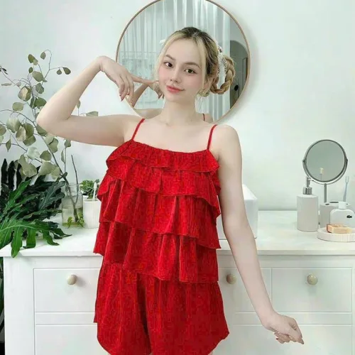 Đồ bộ quần đùi áo dây 4 tầng màu trơn