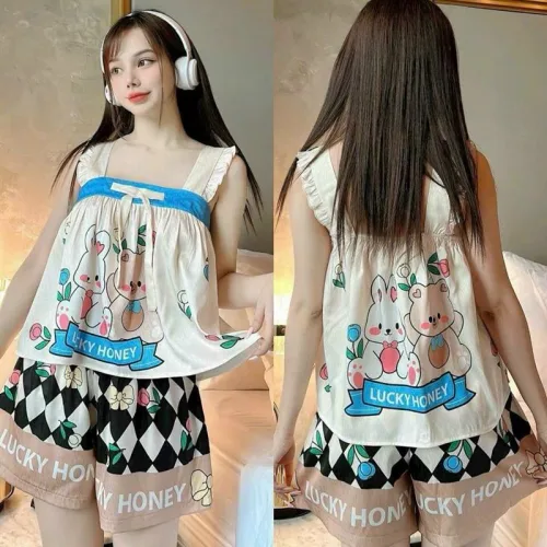 Đồ bộ quần đùi áo dây bèo siêu mát in hình dể thương