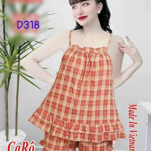 Đồ bộ quần đùi áo dây caro mặc nhà