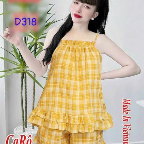 Đồ bộ quần đùi áo dây caro mặc nhà