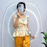 Đồ bộ quần đùi áo dây cổ vuông hoạ tiết nơ trước ngực
