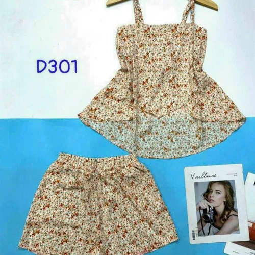 Đồ bộ quần đùi áo dây hoạ tiết mặc nhà