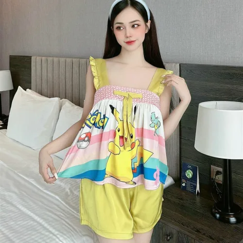 Đồ bộ quần đùi áo dây hoạ tiết mặc nhà