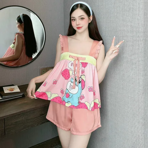 Đồ bộ quần đùi áo dây hoạ tiết mặc nhà