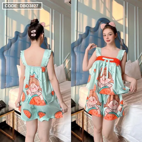 Đồ bộ quần đùi áo dây hoạ tiết mặc nhà siêu mát