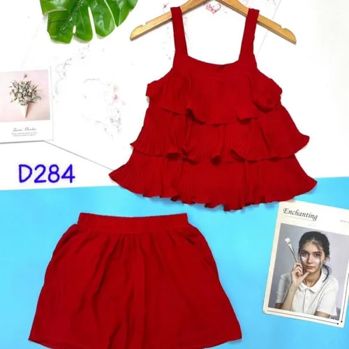 Đồ bộ quần đùi áo dây tầng dập ly màu trơn