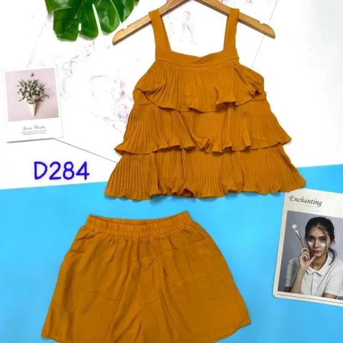 Đồ bộ quần đùi áo dây tầng dập ly màu trơn