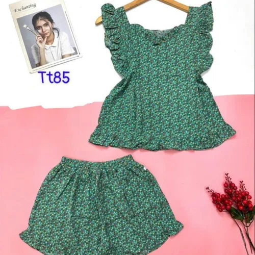 Đồ bộ quần đùi áo dây viền bèo cổ v hoạ tiết