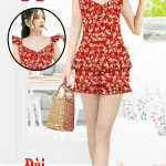 Đồ bộ quần đùi áo dây viền bèo cổ v hoạ tiết