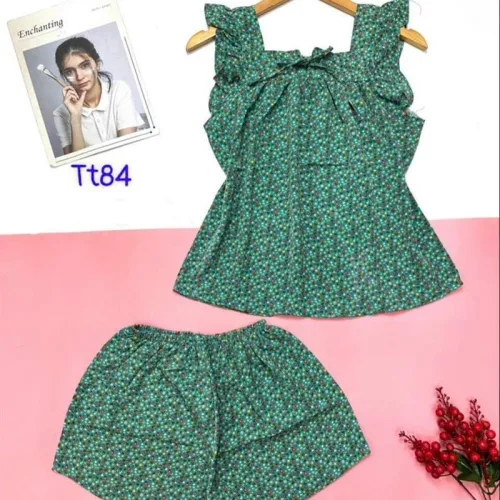 Đồ bộ quần đùi áo dây viền bèo hoa tiết