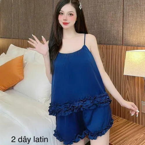 Đồ bộ quần đùi áo dây viền bèo màu trơn