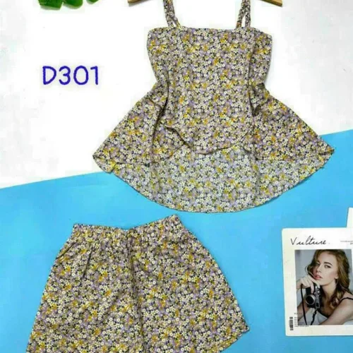 Đồ bộ quần đùi áo dây xẻ tà hoạ tiết mặc nhà