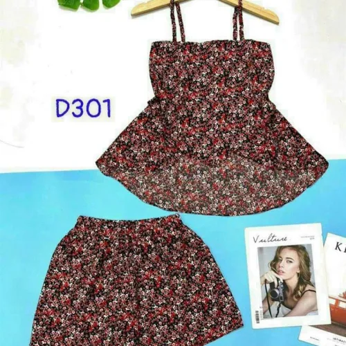 Đồ bộ quần đùi áo dây xẻ tà hoạ tiết mặc nhà