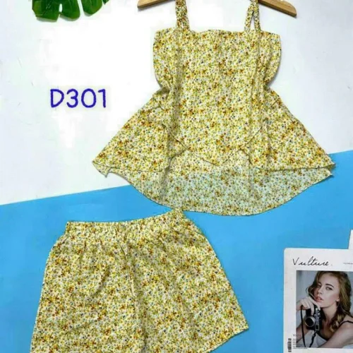 Đồ bộ quần đùi áo dây xẻ tà hoạ tiết mặc nhà