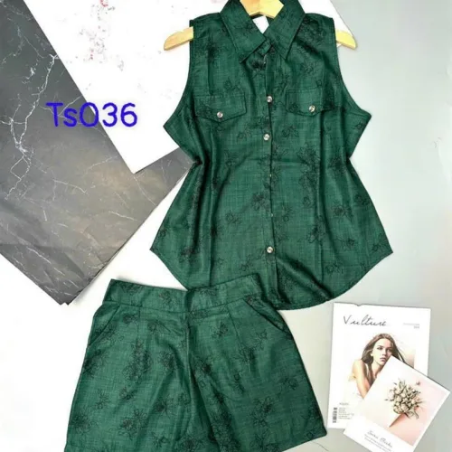 Đồ bộ quần đùi áo sơ mi sát nách cổ bẻ màu trơn