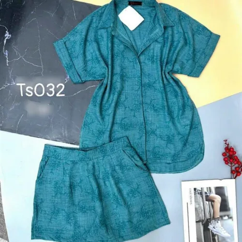 Đồ bộ quần đùi áo sơ mi tay ngắn cổ bẻ họa tiết