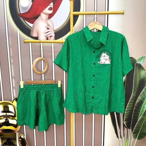 Đồ bộ quần đùi áo sơ mi tay ngắn cổ bẻ in hình