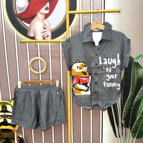 Đồ bộ quần đùi áo sơ mi tay ngắn cổ bẻ in hình