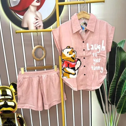 Đồ bộ quần đùi áo sơ mi tay ngắn cổ bẻ in hình