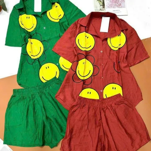 Đồ bộ quần đùi áo sơ mi tay ngắn cổ bẻ in hình
