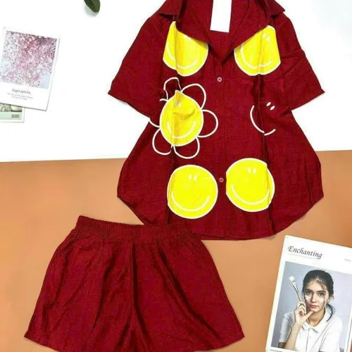 Đồ bộ quần đùi áo sơ mi tay ngắn cổ bẻ in hình