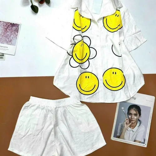 Đồ bộ quần đùi áo sơ mi tay ngắn cổ bẻ in hình