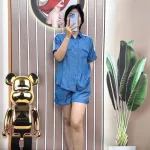 Đồ bộ quần đùi áo sơ mi tay ngắn có túi giả màu trơn