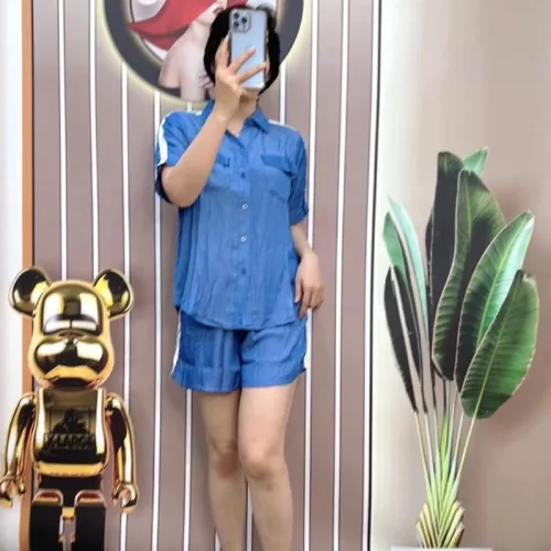 Đồ bộ quần đùi áo sơ mi tay ngắn có túi giả màu trơn