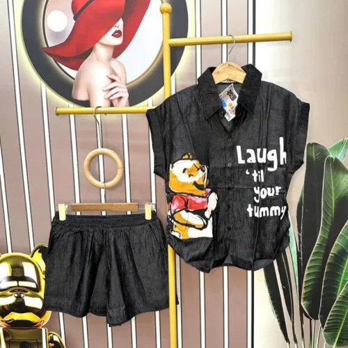 Đồ bộ quần đùi áo sơ mi tay ngắn in hình