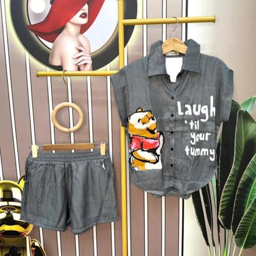 Đồ bộ quần đùi áo sơ mi tay ngắn in hình