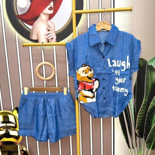 Đồ bộ quần đùi áo sơ mi tay ngắn in hình