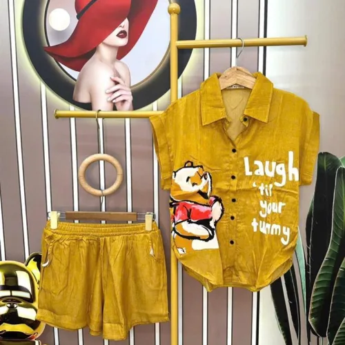 Đồ bộ quần đùi áo sơ mi tay ngắn in hình