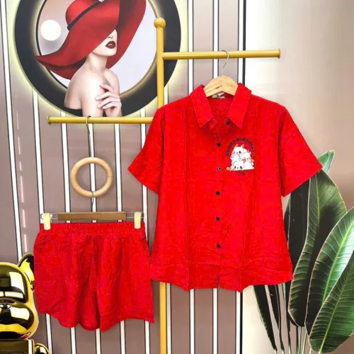Đồ bộ quần đùi áo sơ mi tay ngắn in hình