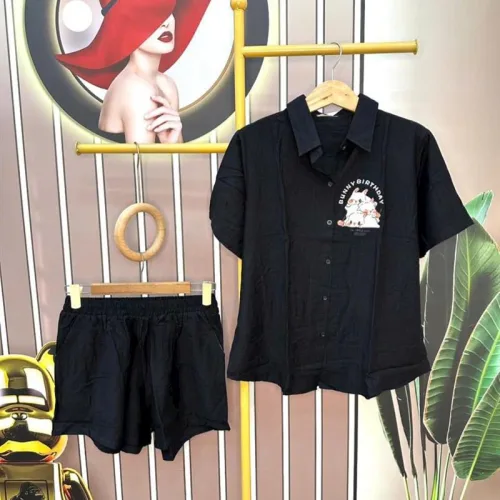 Đồ bộ quần đùi áo sơ mi tay ngắn in hình