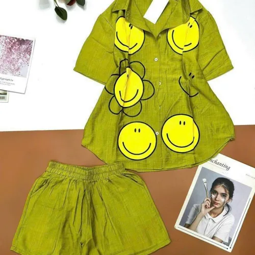 Đồ bộ quần đùi áo sơ mi tay ngắn in hình
