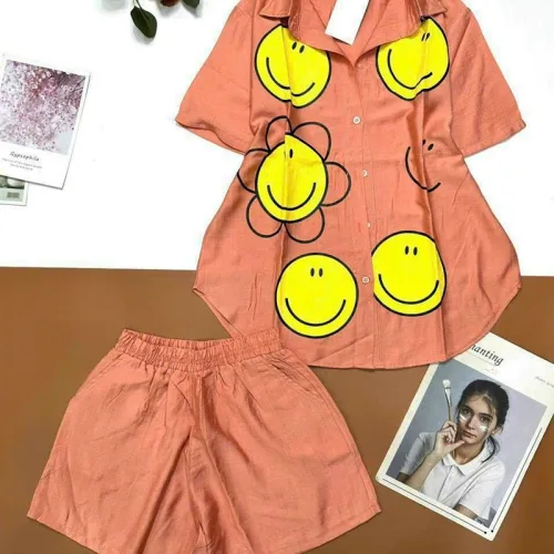 Đồ bộ quần đùi áo sơ mi tay ngắn in hình