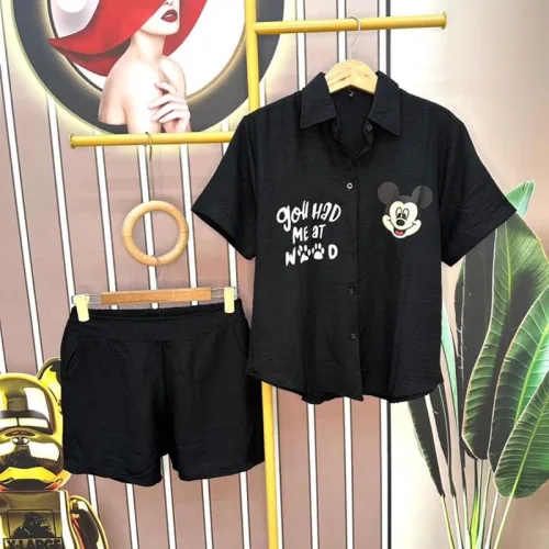 Đồ bộ quần đùi áo sơ mi tay ngắn in hình chuột mickey