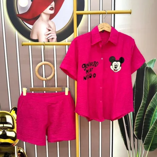 Đồ bộ quần đùi áo sơ mi tay ngắn in hình chuột mickey