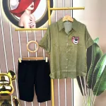 Đồ bộ quần đùi áo sơ mi tay ngắn in hình gấu