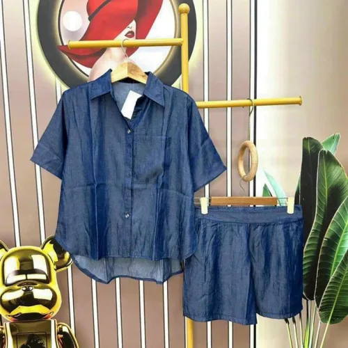 Đồ bộ quần đùi áo sơ mi tay ngắn màu trơn