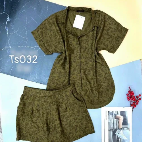 Đồ bộ quần đùi áo sơ mi tay ngắn màu trơn