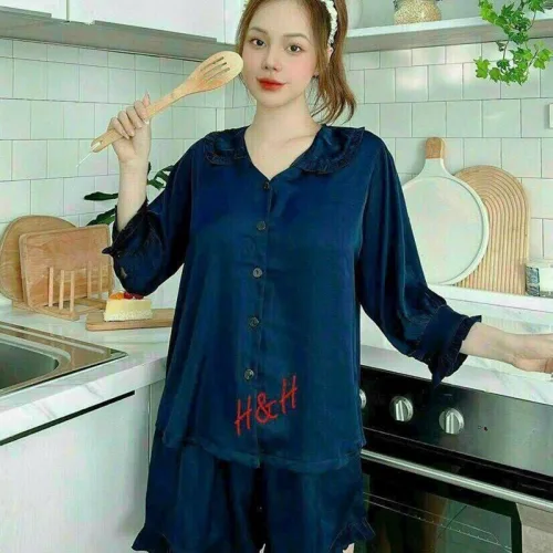 Đồ bộ quần đùi áo tay dài cổ lá sen màu trơn
