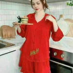 Đồ bộ quần đùi áo tay dài cổ lá sen màu trơn