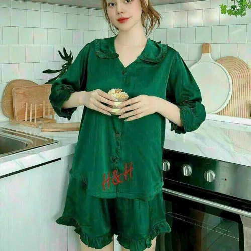 Đồ bộ quần đùi áo tay dài cổ sen màu trơn