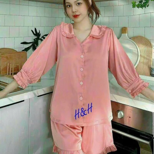Đồ bộ quần đùi áo tay dài cổ sen màu trơn