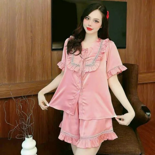 Đồ bộ quần đùi áo tay ngắn bèo cổ vuông bèo màu trơn