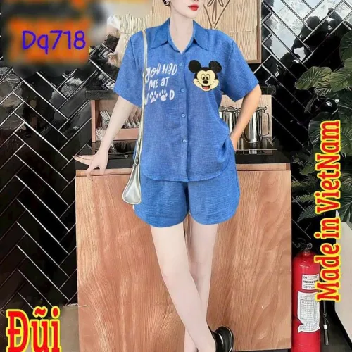 Đồ bộ quần đùi áo tay ngắn cổ bẻ in hình