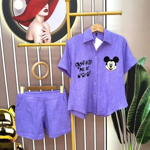 Đồ bộ quần đùi áo tay ngắn cổ bẻ in hình